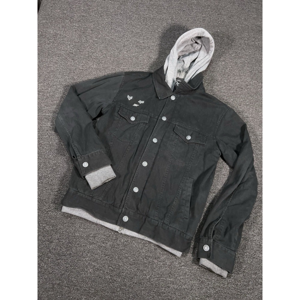 Vintage Fox Deluxe Jacket Men's Medium Black Gray Hooded Denim Pins Y2K Grunge